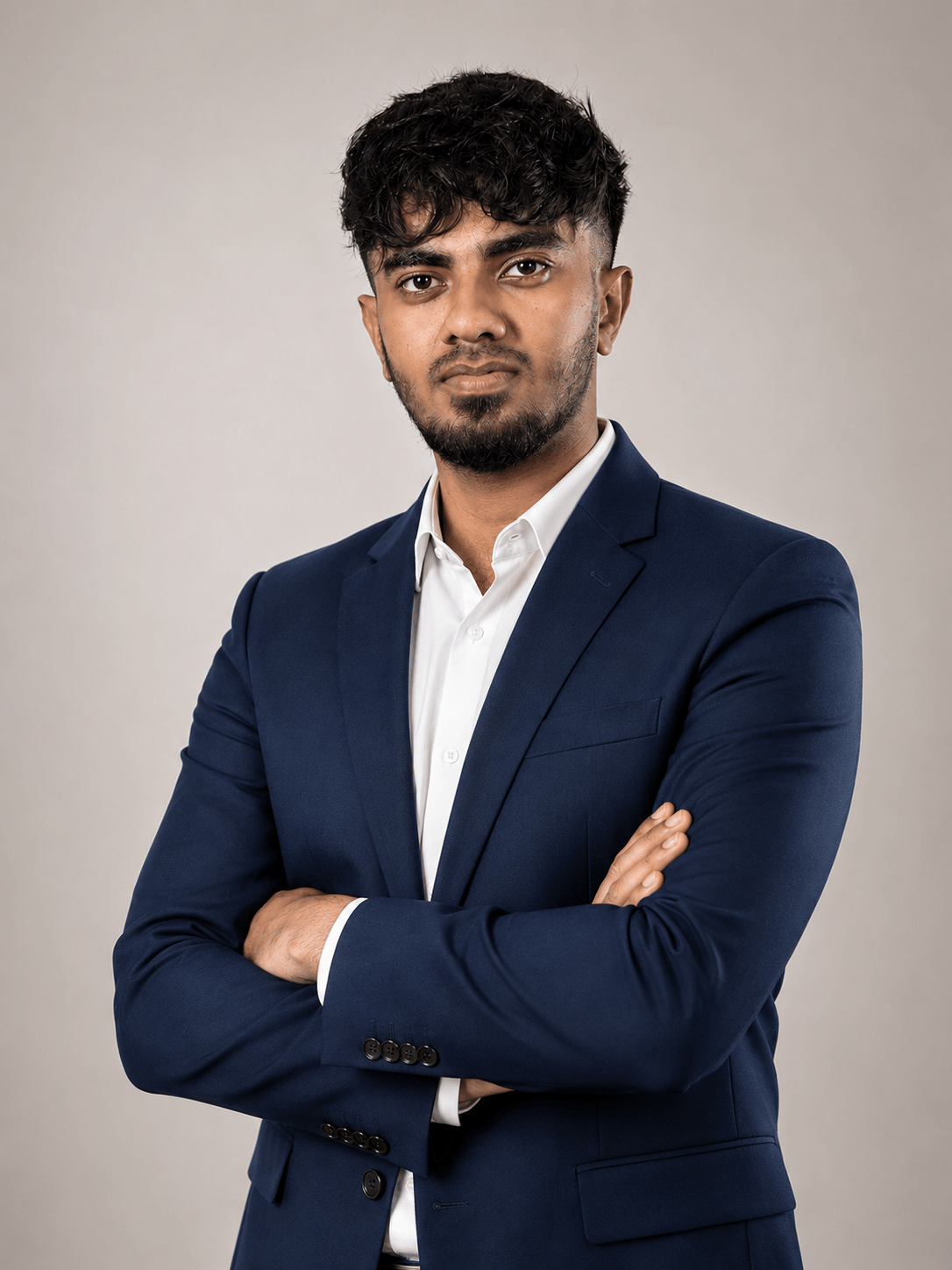 Jerry Joshan, founder of Kickstart Creative Studio, arms folded in a tailored suit
